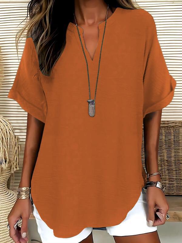 📦📦Women's Plain Short Sleeve Blouse, Casual Solid Color Top for Daily Wear, Ladies Clothes for All Seasons