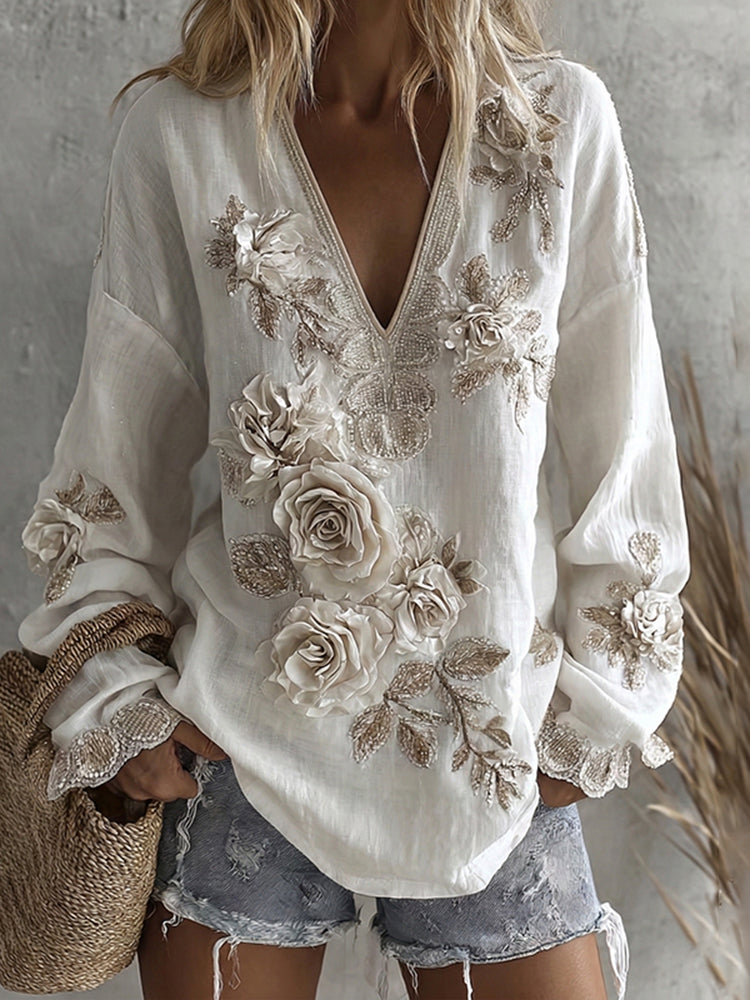 Vintage Boho Roses Floral Art Comfy Linen Shirt
