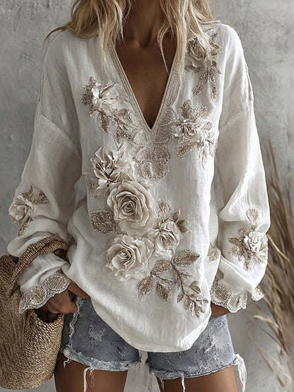 Vintage Boho Roses Floral Art Comfy Linen Shirt