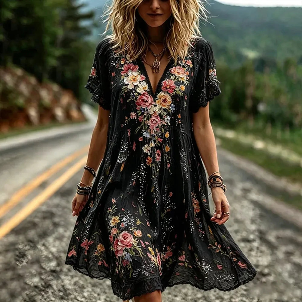 Vintage Floral And Lace Art Cotton Linen Casual V-neck Short Sleeve Dress
