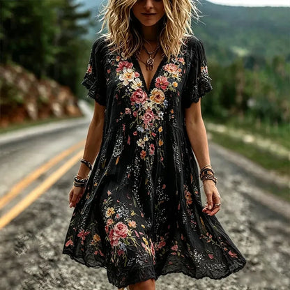 Vintage Floral And Lace Art Cotton Linen Casual V-neck Short Sleeve Dress
