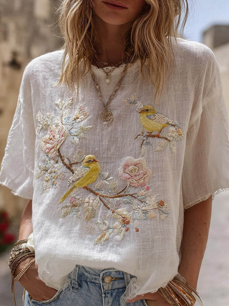 Women's Rose And Bird Color Block Casual Short-sleeve T-shirt