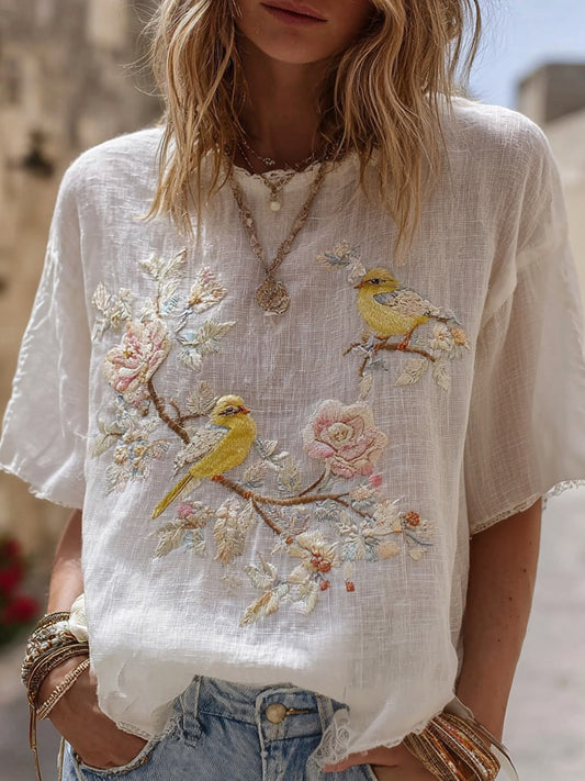Women's Rose And Bird Color Block Casual Short-sleeve T-shirt