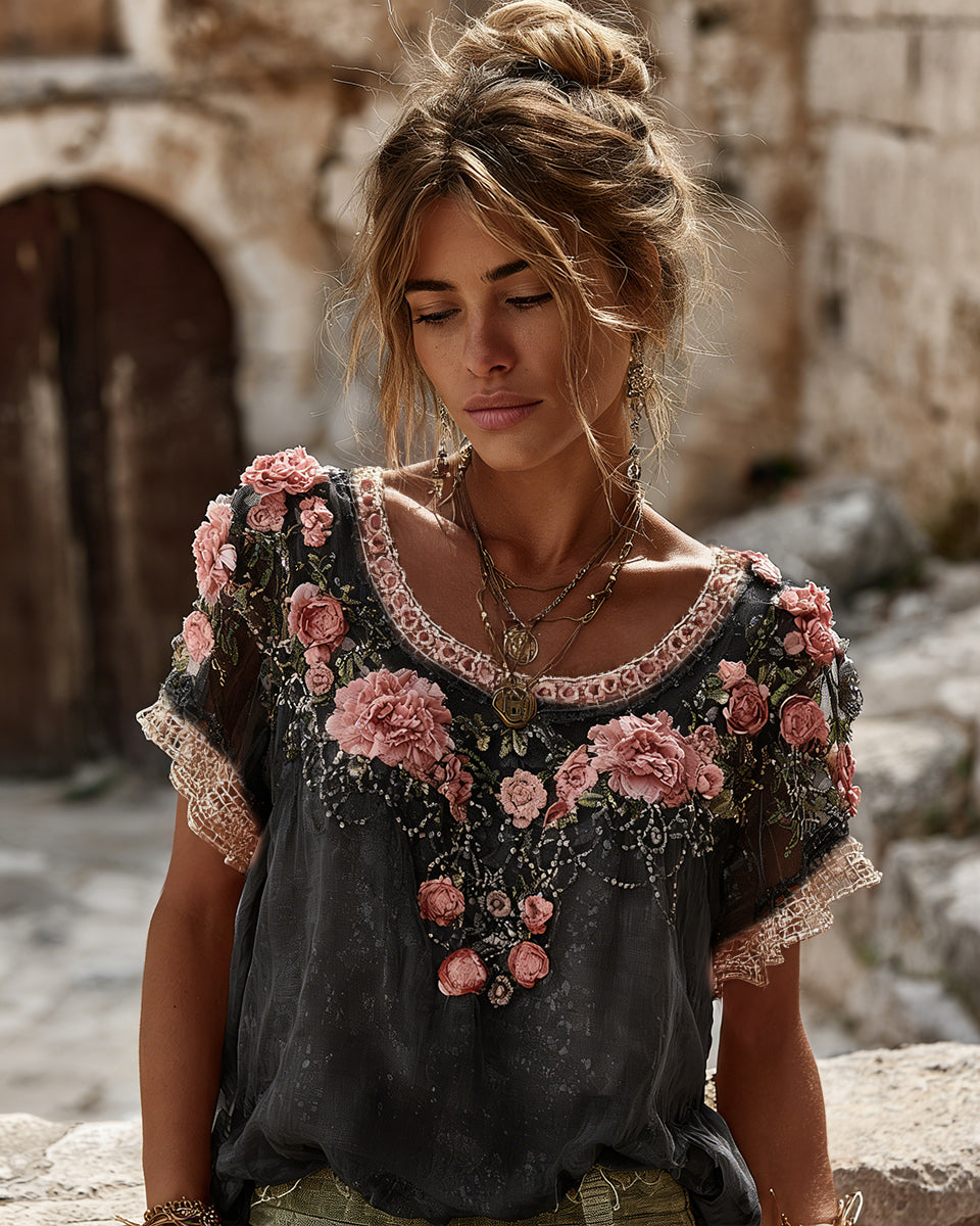 Women's Vintage Floral Embroidered Art Flowy Linen Blend Short Sleeve Casual Tops