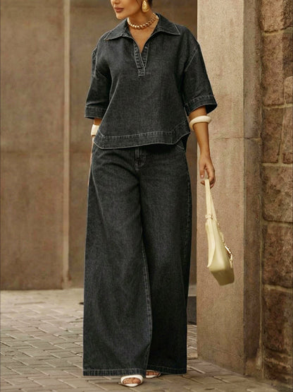 📦📦LAST DAY SAVE 49% ⏰Women's Casual 100% Cotton Denim Top And Wide-leg Pants Two-piece Set