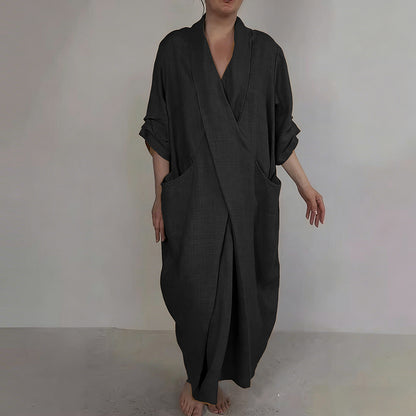 Retro Monk's Robe-style V-neck Cotton Linen Dress