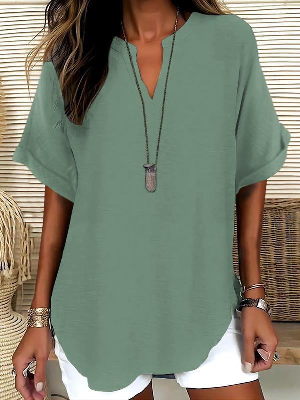 📦📦Women's Plain Short Sleeve Blouse, Casual Solid Color Top for Daily Wear, Ladies Clothes for All Seasons