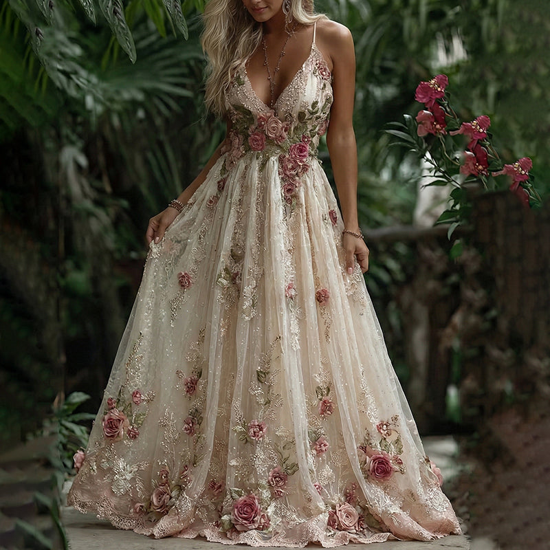 Women's Pink Rose Embroidery Art Suspender Maxi Dress