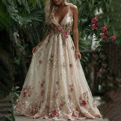 Women's Pink Rose Embroidery Art Suspender Maxi Dress
