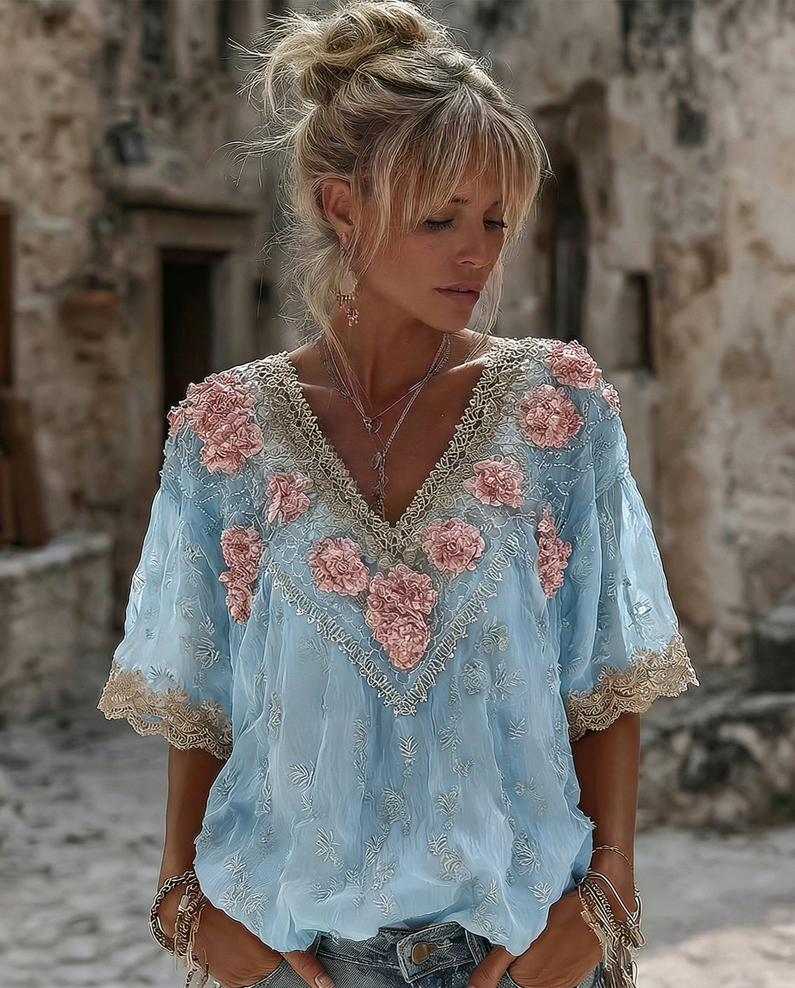 Women's Vintage Spring Floral Embroidered Art Print Flowy Linen Blend Short Sleeve Casual Tops
