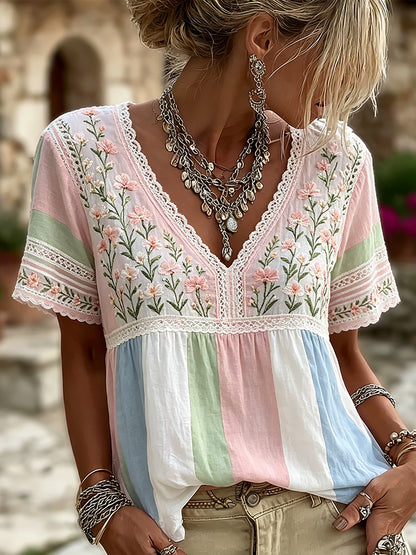Women's Retro Floral Art Embroidered Color-block Spliced Comfortable Cotton Linen V-neck Short Sleeve Top
