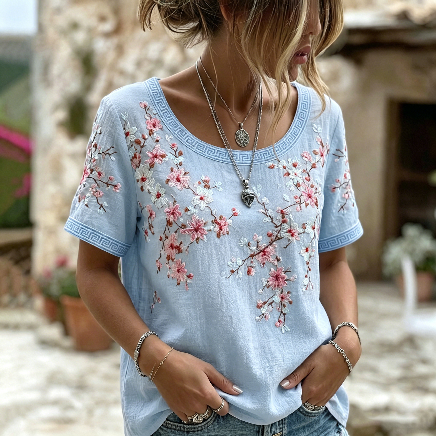 Women's Vintage  Japanese Cherry Blossom Art Round Neck Short Sleeve T-shirt