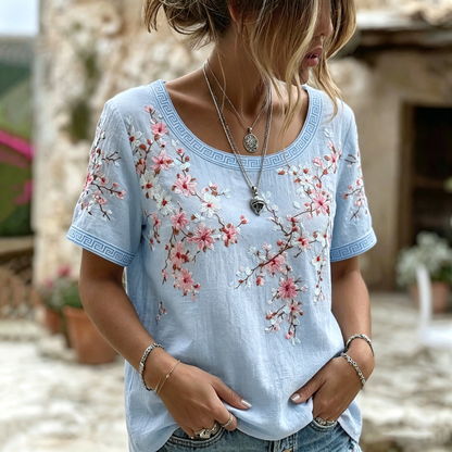 Women's Vintage  Japanese Cherry Blossom Art Round Neck Short Sleeve T-shirt