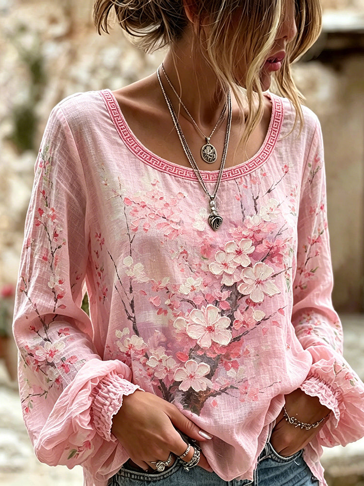Women's Japanese Cherry Blossom Painting Art Crew Neck Linen Blend T-shirt