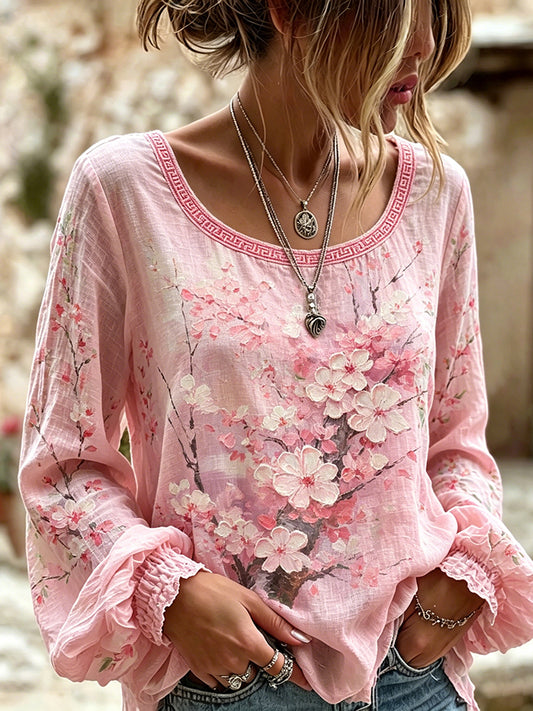 Women's Japanese Cherry Blossom Painting Art Crew Neck Linen Blend T-shirt