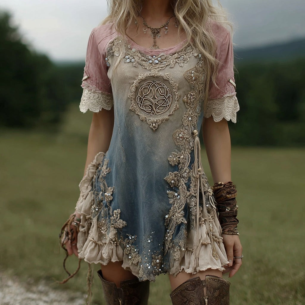 Women's Vintage Viking Celtic Knot Pattern Casual Round Neck Dress