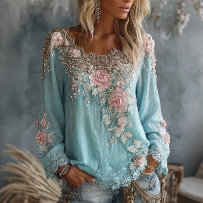 Women's Vintage Rose Floral Art Crew Neck Long Sleeve Linen T-shirt