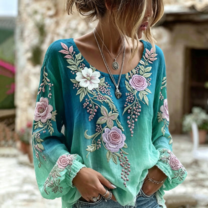 Women's Retro Floral Gradient Art Round Neck Long Sleeve T-shirt
