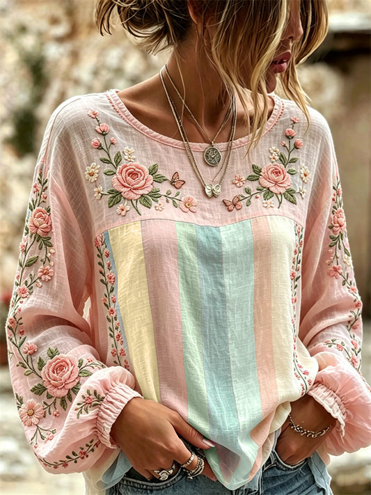 Boho Pink Roses Floral Colorblock Flowy Linen Tunic