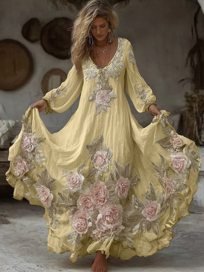 Women's Vintage Pink Floral Embroidery Art Comfy Linen Maxi Dress