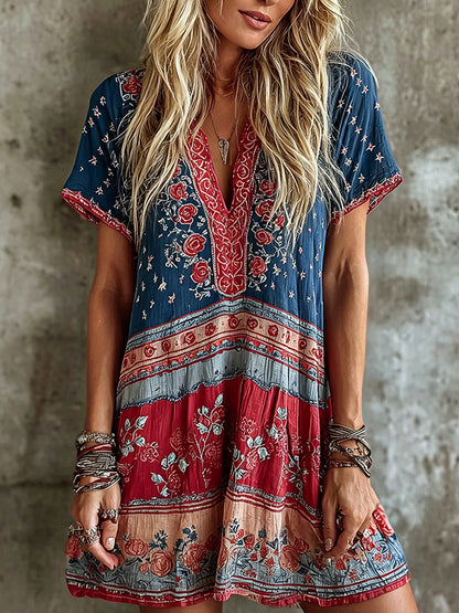 Women's Vintage Rose Flag Art Print Mini Boho Dress