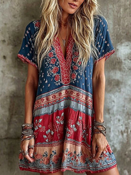 Women's Vintage Rose Flag Art Print Mini Boho Dress