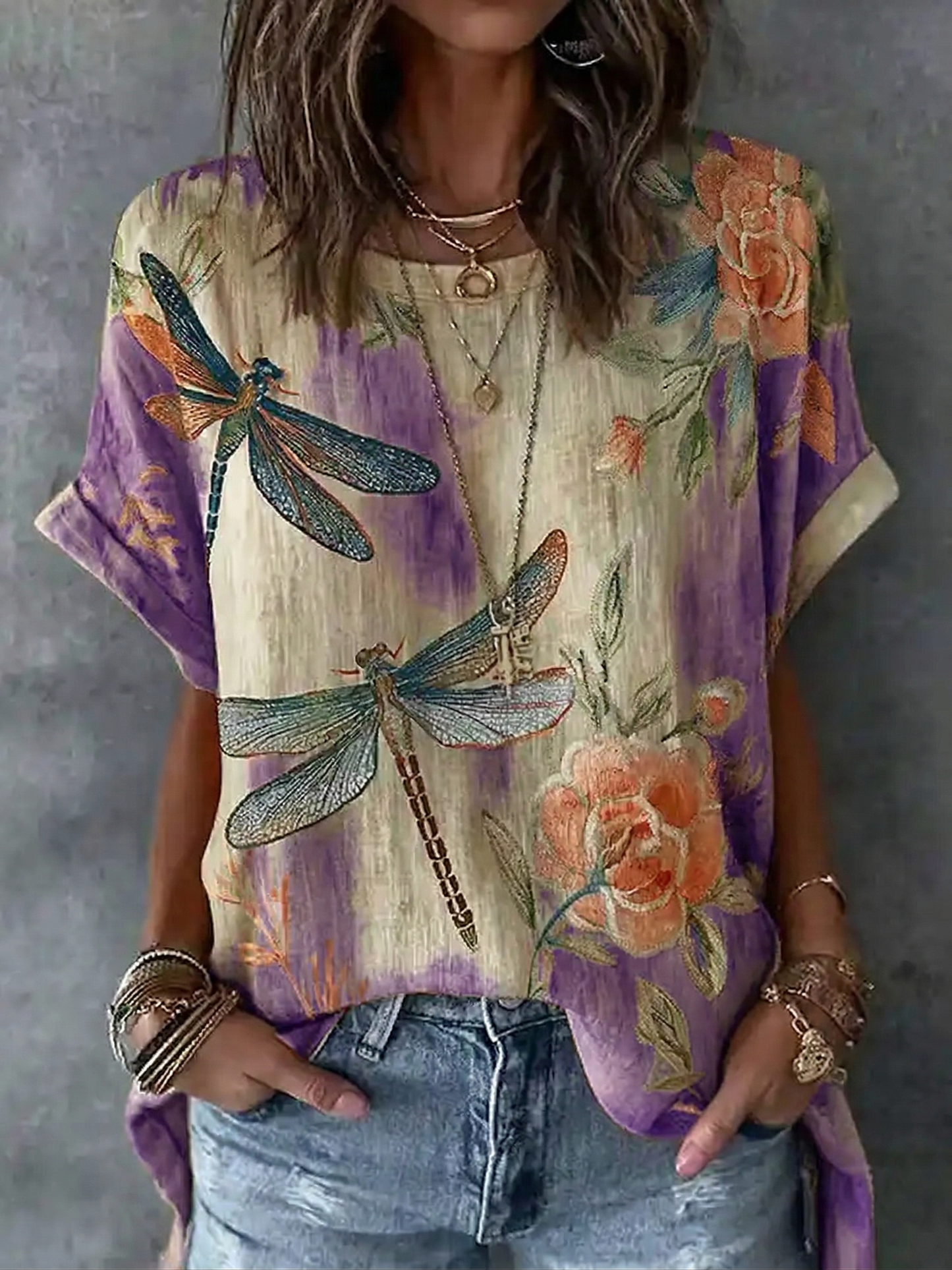 Vintage Dragonfly And  Floral Pattern Linen Blend Short Sleeve Tops