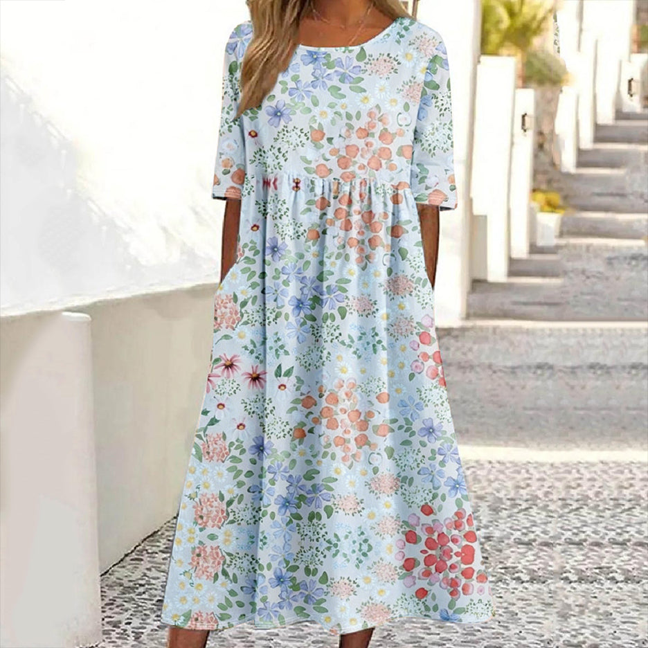 Women's Floral Print Crew Neck Linen Blend Casual Midi Dress
