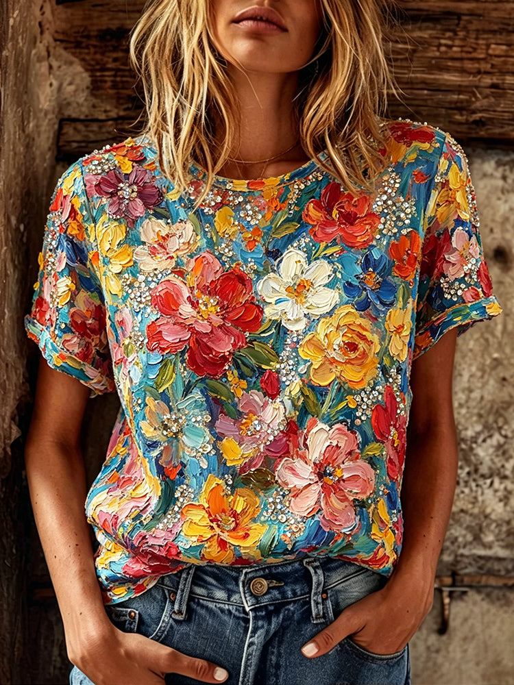 Retro Oil Painting Floral Art Crew Neck Cotton Linen Short Sleeve Top