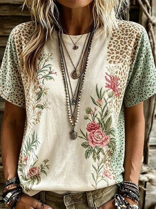 Women's Floral Leopard Print Linen Blend Casual T-shirt