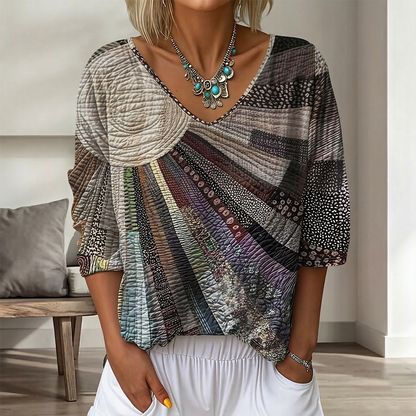 Women's Vintage Floral In Gradient Art Print Flowy Linen Blend  Three-quarter Sleeve V Neck Linen Tops