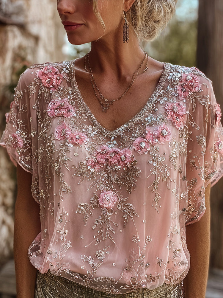 Women's Floral Embroidered Linen Blend Breathable T-shirt