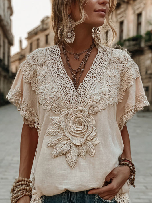 Women's Vintage Floral Art Print V Neck Short Sleeve Tops