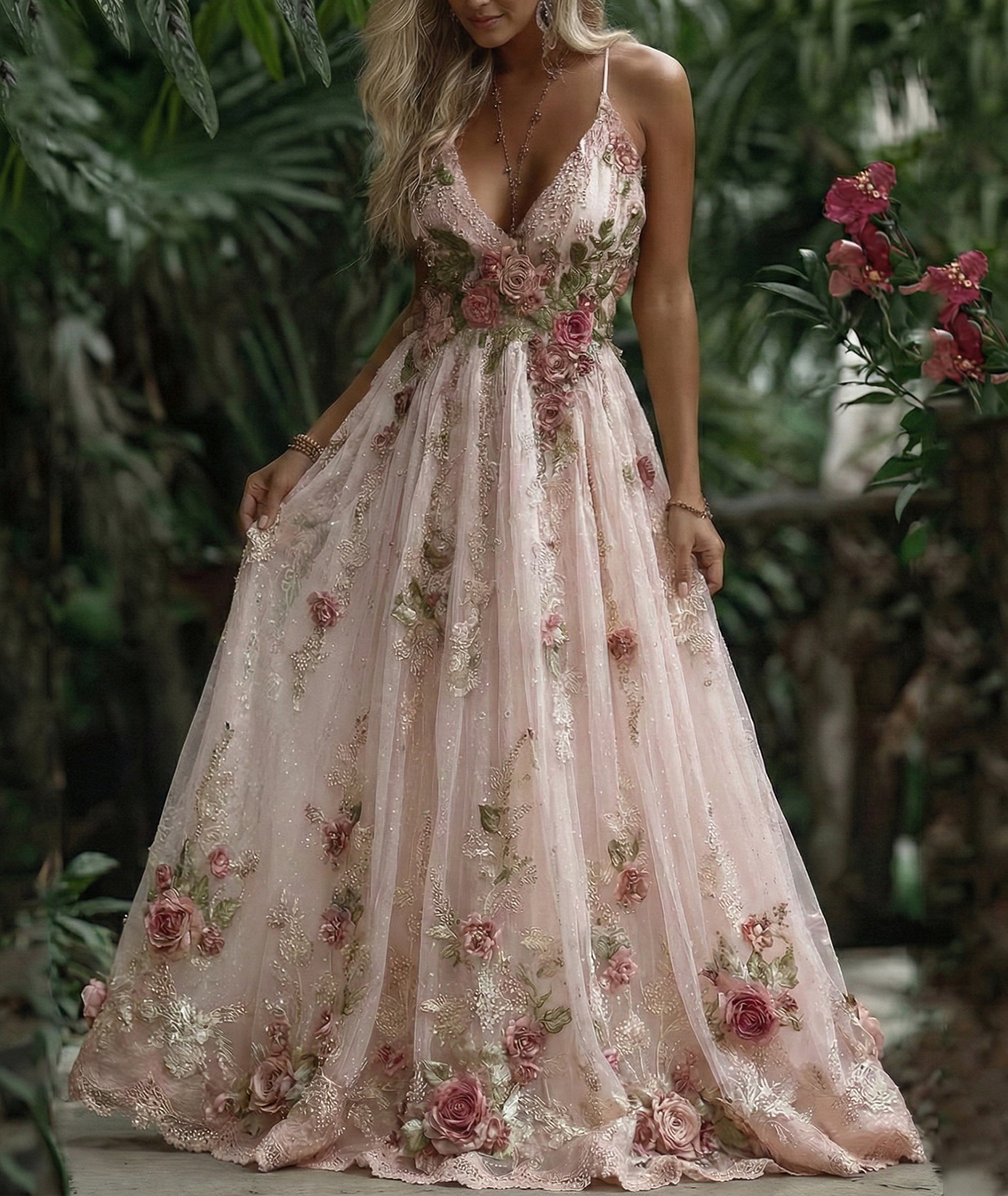 Women's Pink Rose Embroidery Art Suspender Maxi Dress