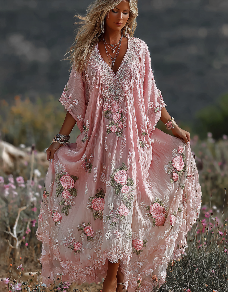 Women Vintage Pink Floral Art Linen Blend Casual Maxi Dress