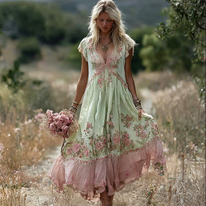Boho Pink Floral Embroidered Lace Trim Flowy Linen Maxi Dress