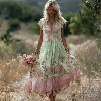 Boho Pink Floral Embroidered Lace Trim Flowy Linen Maxi Dress