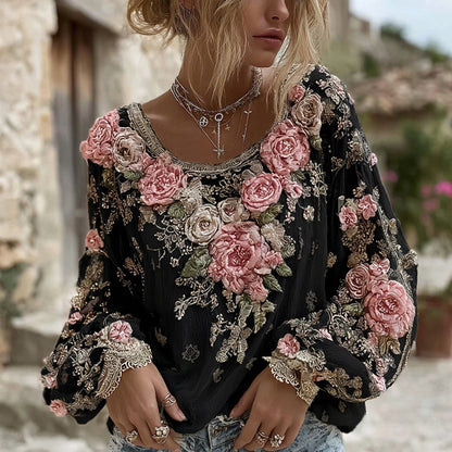Women's Pink Rose Embroidery Art Round Neck Long Sleeve Linen Blend T-shirt
