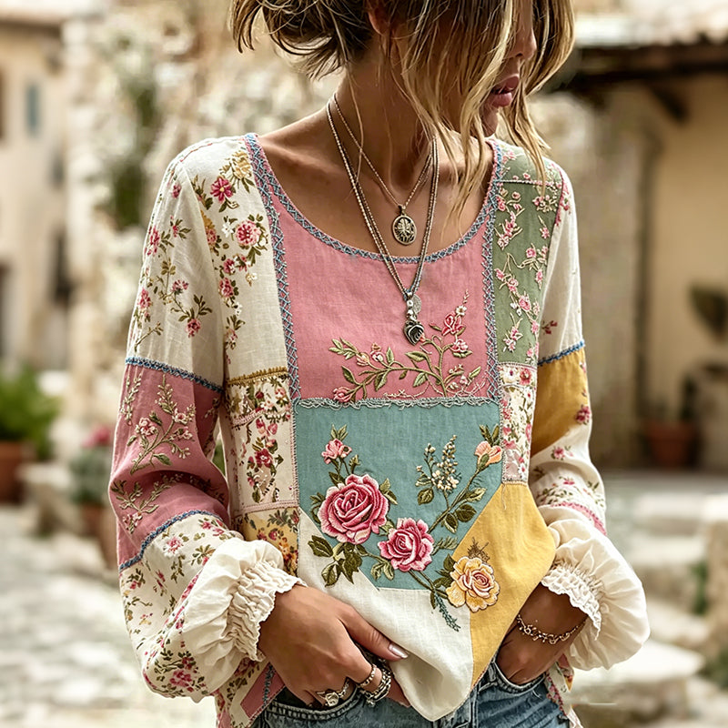 Women's Vintage Floral Patchwork Art Crew Neck Long Sleeve Linen T-shirt