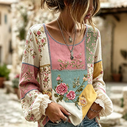 Women's Vintage Floral Patchwork Art Crew Neck Long Sleeve Linen T-shirt