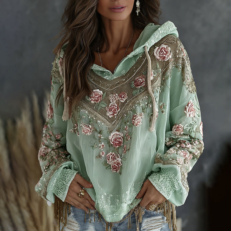 Women's Retro Floral Embroidered Art Print Flowy Linen Blend Casual Hoodie