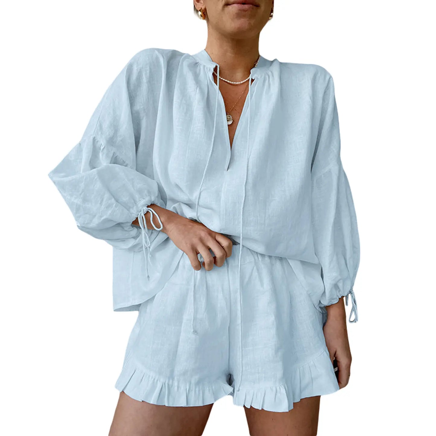 💝💝Women's Summer 2 Piece Outfits Solid Color Long Sleeve Tie-Up V-Neck Tops Elastic Waist Shorts Set