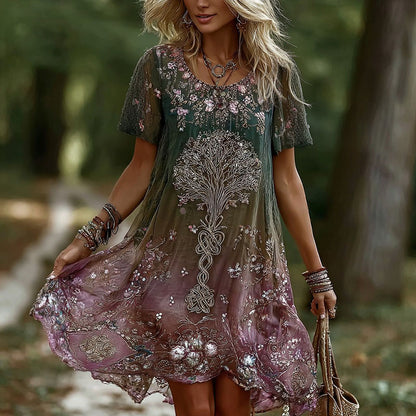 Women's Retro Celtic Tree Of Life Floral Pattern Casual Dress