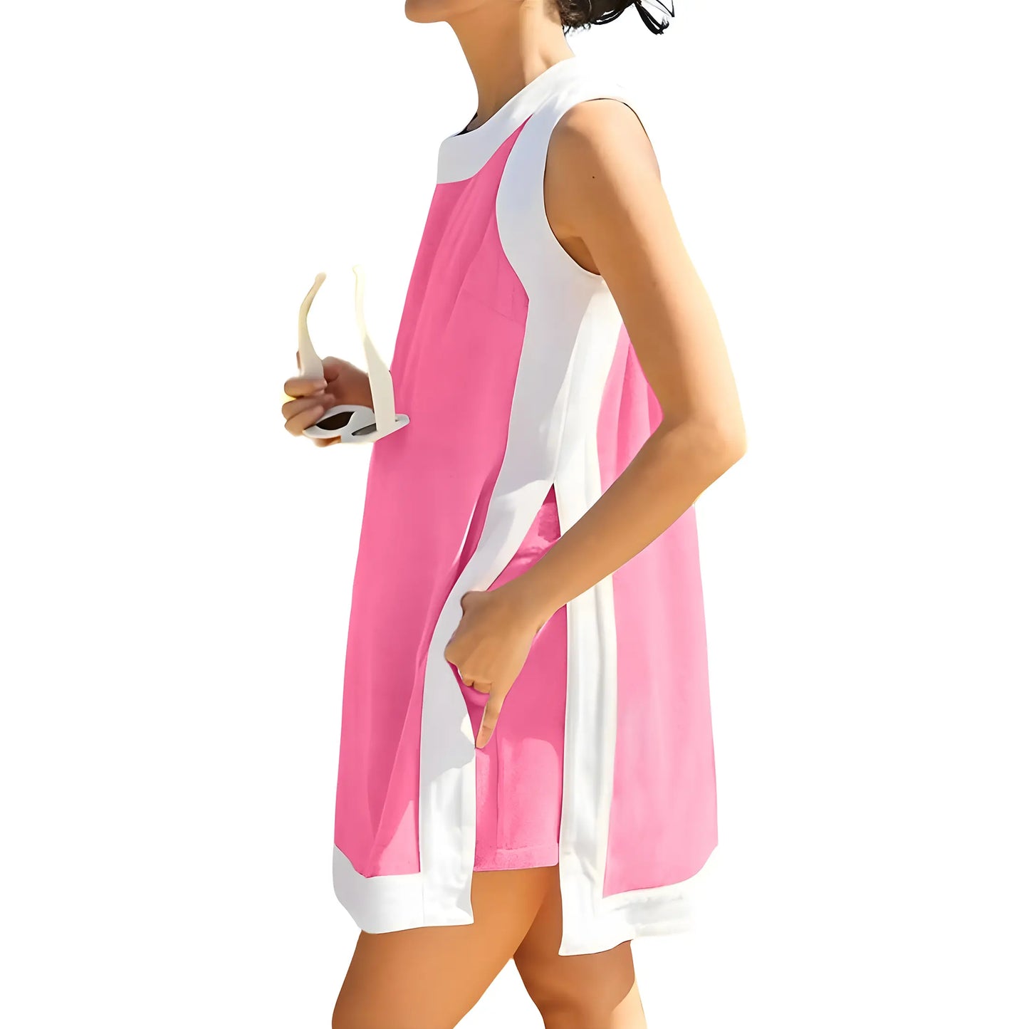 Yeokou Women's 2 Piece Outfits Sets Casual Color Block Crewneck Short Sleeveless Pullover Tops Matching Shorts with Pockets Womenswear Lightweight, Women's Clothes, 2 Piece Sets