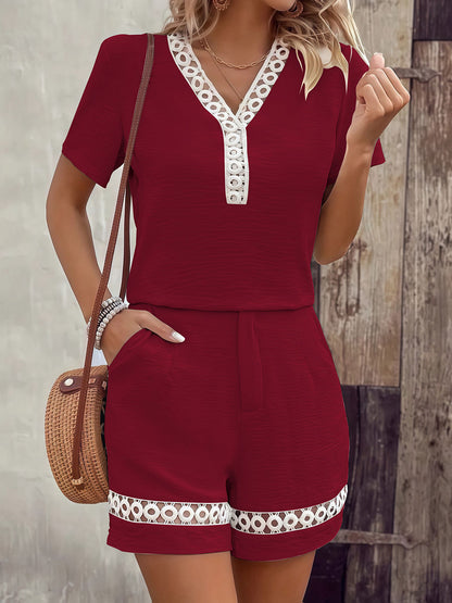 Women's V-neck Short-sleeve Loose-fit Top & High-waisted Wide-leg Shorts Set With Lace Splicing
