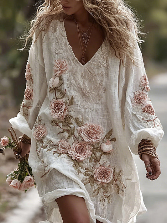 Women's Roses Art Print Flowy Linen Blend Casual Maxi Dress