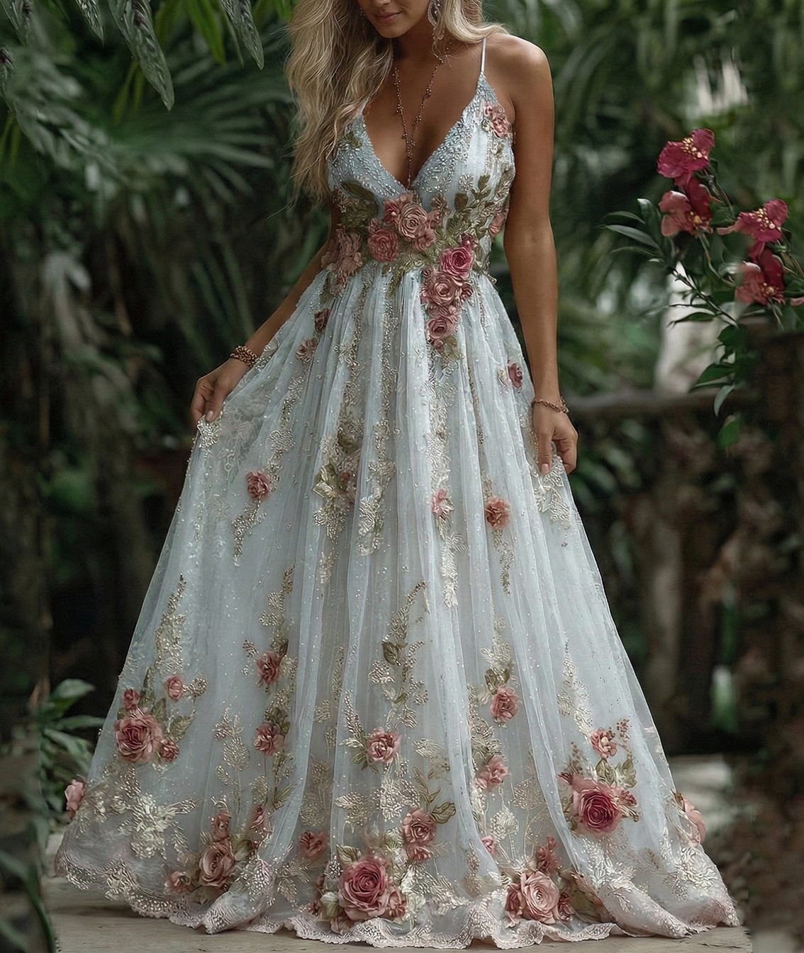 Women's Pink Rose Embroidery Art Suspender Maxi Dress
