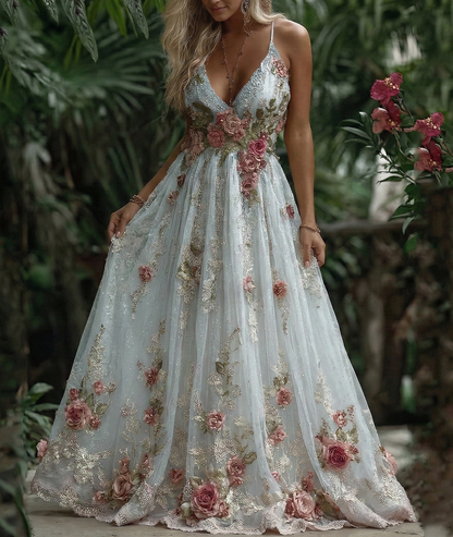 Women's Pink Rose Embroidery Art Suspender Maxi Dress