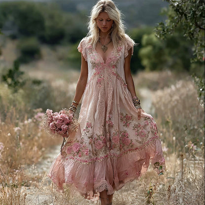 Boho Pink Floral Embroidered Lace Trim Flowy Linen Maxi Dress