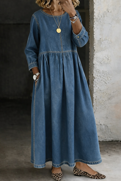 🎁New Arrivals🔥Round Neck Long Sleeve Denim Dress